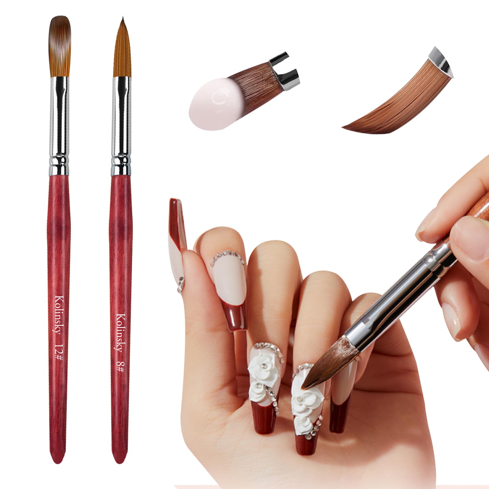 LEDSUUEI Acrylic Nail Brush - 100% Pure Kolinsky Hair Bristles Acrylic Brushes for Nails Oval Crimped Shaped Red Wood Handle Acrylic Powder Nail Art Brush Professional Salon Quality (SIZE 8/12）