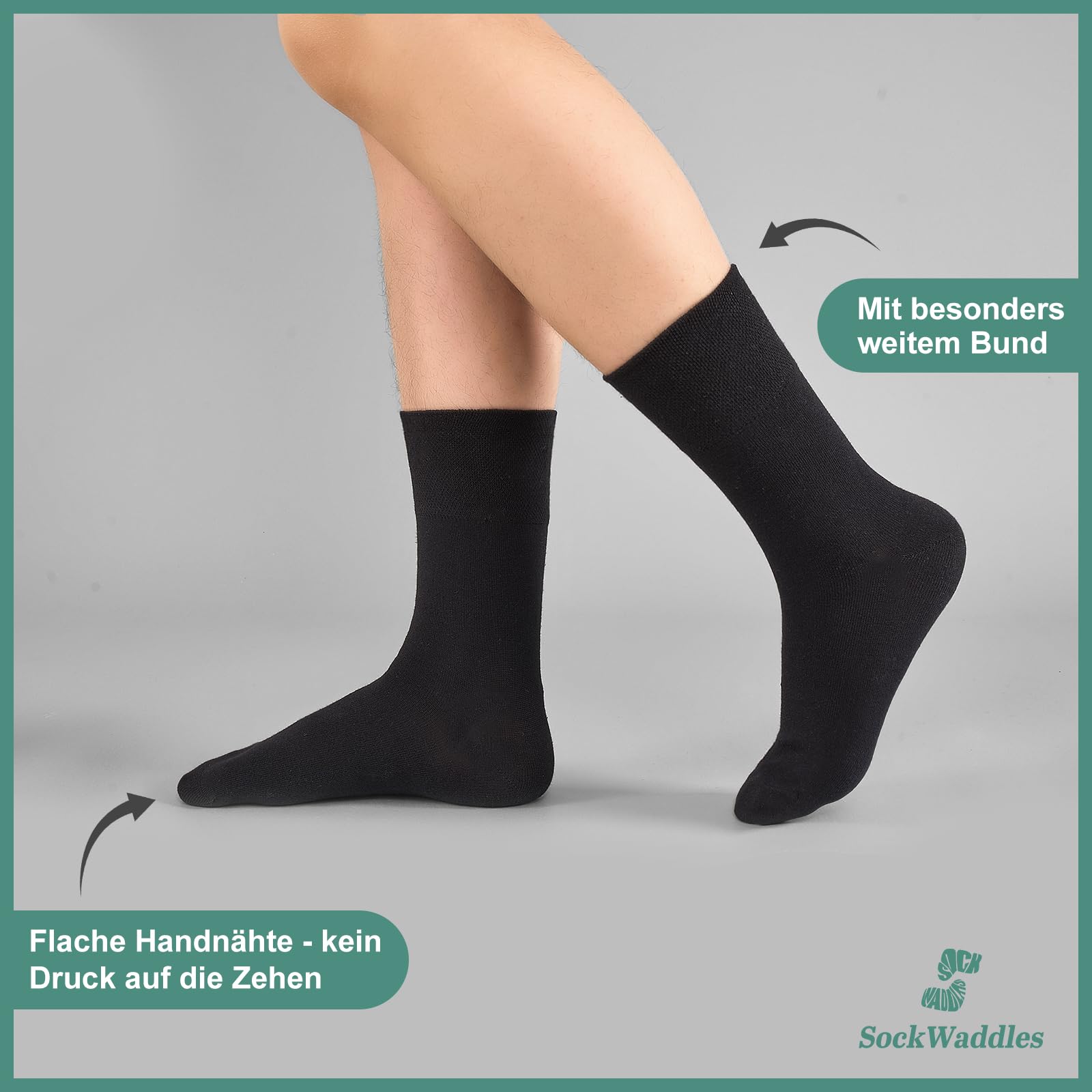SockWaddles 6 Paar Diabetikersocken ohne Gummibund & ohne Naht 97% Baumwolle, Diabetiker Socken mit Komfortbund Hautfreundlich & Atmungsaktiv baumwollsocken für Damen Herren Schwarz 43-46 3