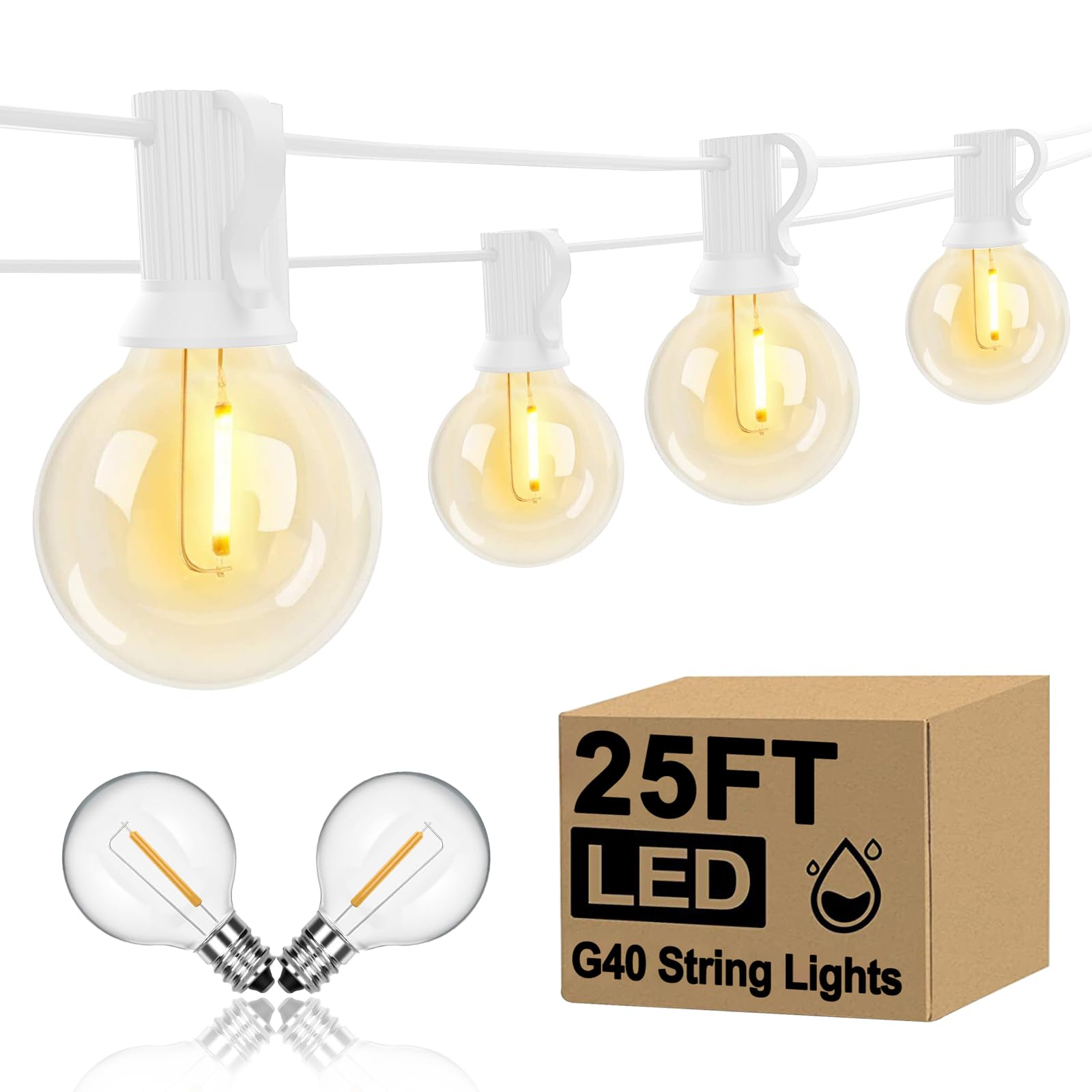 25Ft LED Outdoor String Lights Christmas, G40 Globe