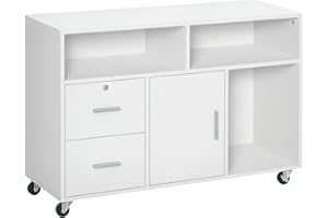 HOMCOM Lateral Filing Cabinet with Open Storage Shelf, Printer Stand Home Office Mobile File Cabinet with Wheels, Lockable Dr