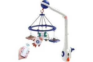 EONIANHOLME Musical Baby Mobile, Space Themed Nursery Mobile with Light Projection, Rocket and Spaceship Teether Toys, Hanging Toy Mobile for Crib
