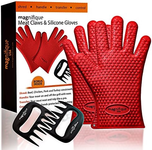 Premium Silicone Heat Resistant Cooking Gloves + Meat Handler BBQ Claw - Perfect for Baking, Cooking, Grilling. Use as Pot Holder- Red color