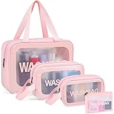 YuanCheng Upgrade Travel Toiletry Bags for Women, Pack-4 Different Size Make Up Bags with Handle, Large Capacity Translucent Waterproof Travel Cosmetic Bags (Comestic Bag-Pink)