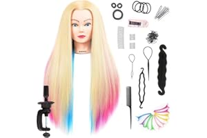PINZER 28 Inch Mannequin Head Styling Head for Hairdresser Practice Training Head Rainbow Hair Cosmetology Doll Head with Synthetic Fiber Hair for kids Practice Brading