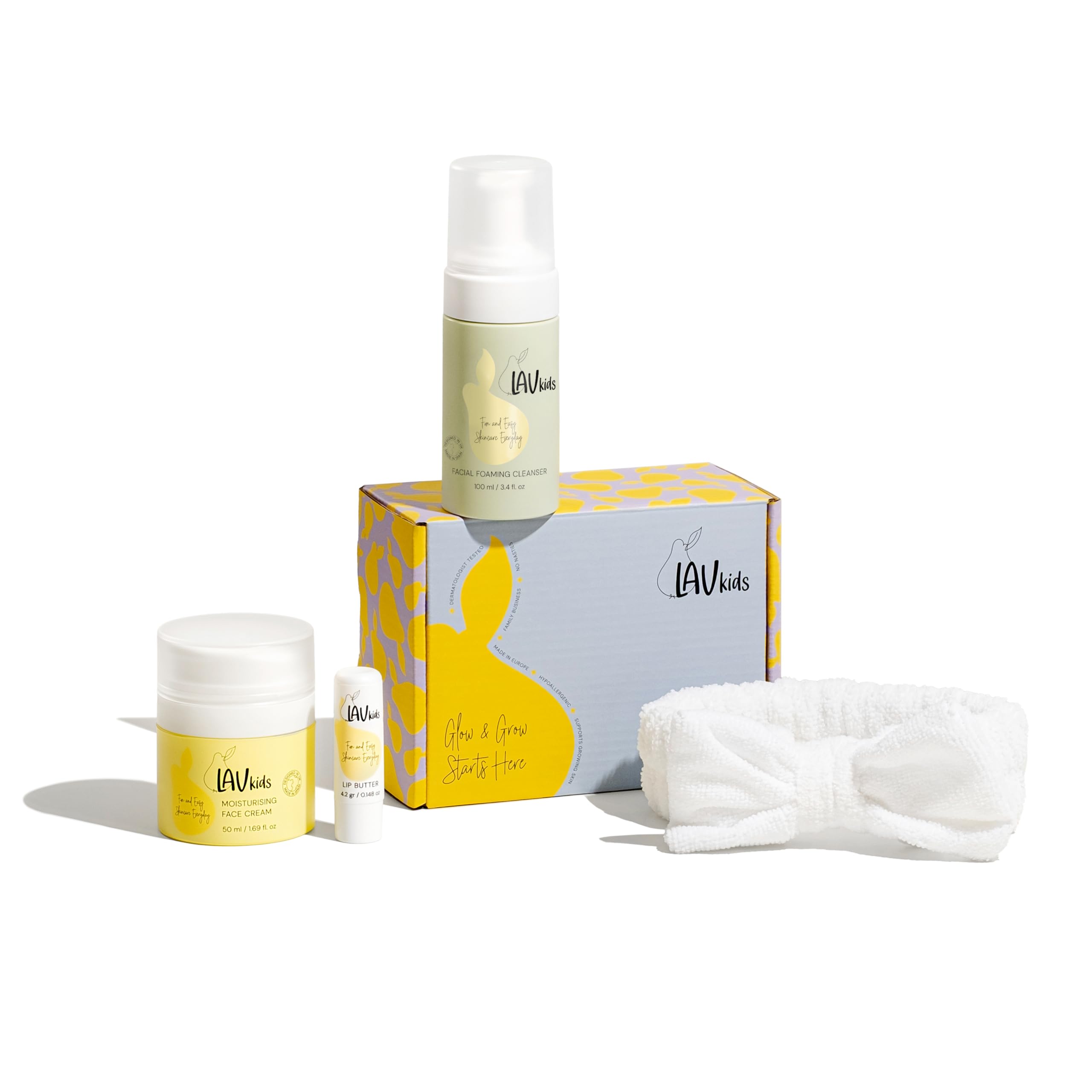 LAV Moisturising Face Care Bundle, Face Cream, Foaming Cleanser, Lip Butter with Headband (white, yellow, green) — image 1