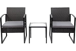 N&V Wicker Patio Furniture Bistro Sets Outdoor Conversation Chair with Glass Table and Cushions for Porch Backyard Garden(Gra