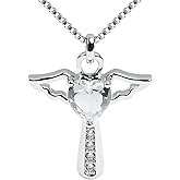 Ckysee Silver Plated Angel Birthstone Necklace,Cubic Zirconia Cross Necklace for Women,First Communion Baptism Gifts