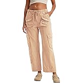 GREAIDEA Cargo Pants for Women Low Rise Drawstring Waist 7 Pockets Hiking Work Wide Leg Pants with Zipper Button Closure Khaki