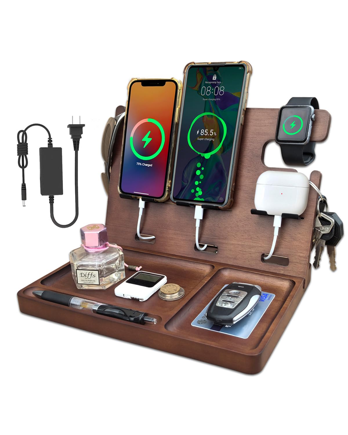 Photo 1 of ***MISSING PIECES*** Xunhomon Wood Phone Docking Station Nightstand Organizer Charging Station with QC 3.0 & PD22.5W USB C Charger Fast Charging for iPhone Samsung Android Watch Airpod Anniversary Birthday Gifts for Men