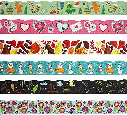 Juvale Bulletin Borders - 6-Pack Bulletin Board Borders, Seasonal Decorative Trimmers, Whimsical Border Trim for Classroom, School, 2.25 x 36 inches