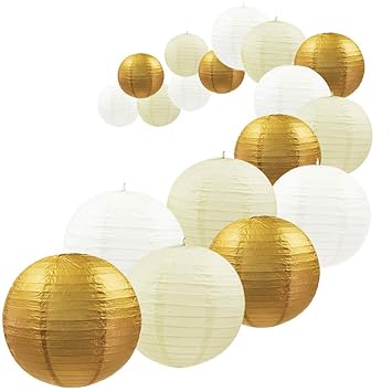 Uniqooo 18pcs Gold Paper Lantern Set 5 Assorted Size Reusable