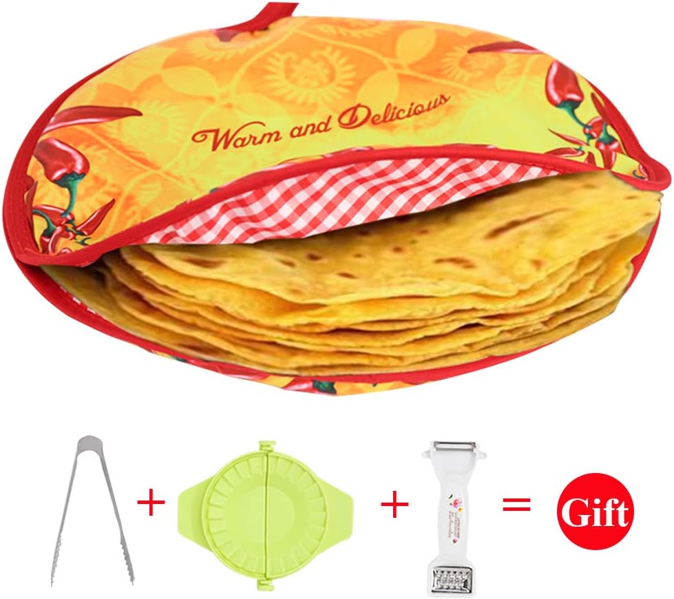 Zdada 12inch Microwaveable Tortilla-Warmer-Pouch,Insulated Oversize Fiesta Food Warmer with 1pc Bread Clip,1pc Melon Planing,1pc Dumpling Artifact as Gift