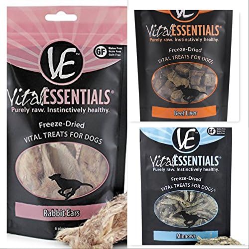 Vital Essential Freeze Dried Dog Treat Bundle (Rabbit Ears, Minnows, Beef Liver) Nutrient Packed Dog Snacks