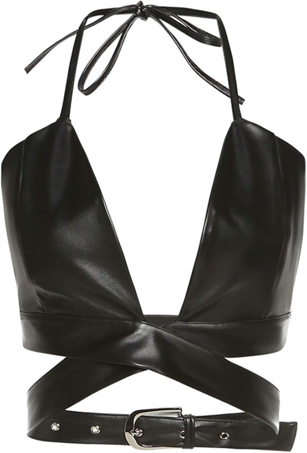 YiZYiF Women Wetlook Faux Leather Halter Cross Buckle Crop Top Skinny Tees Summer Streetwear 
