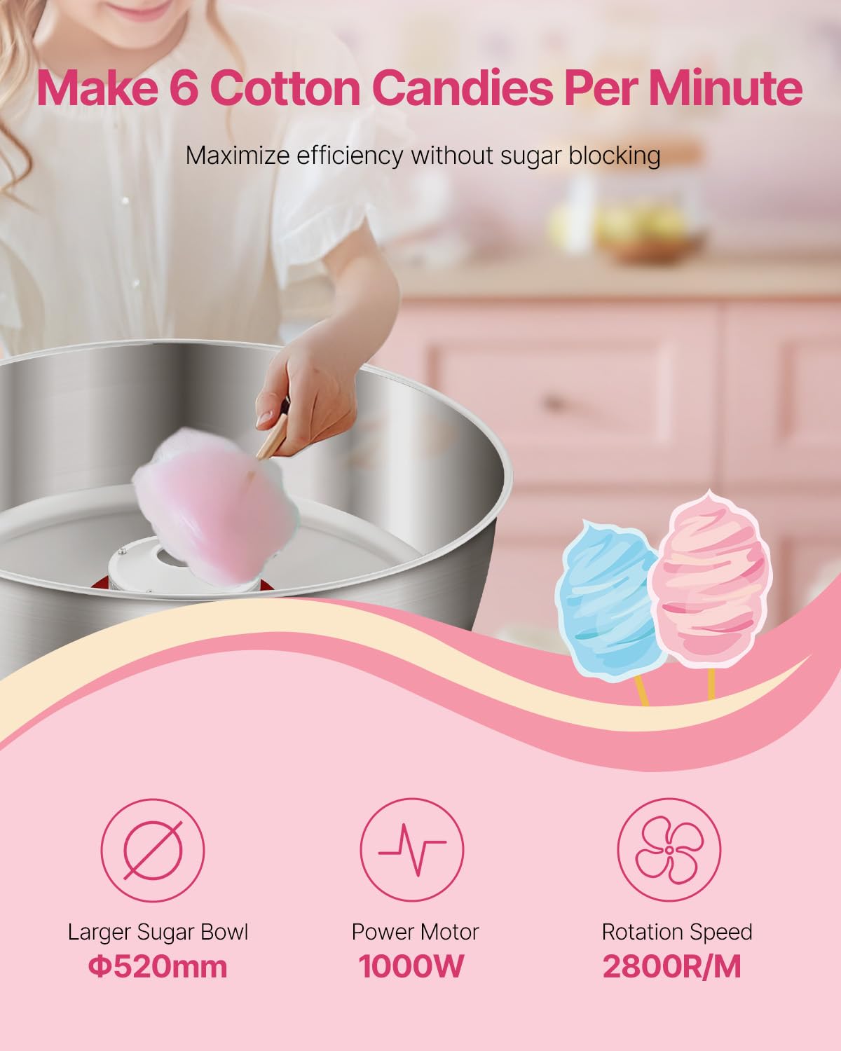 VEVOR elektrische Zuckerwattemaschine kommerzielle Zuckerwattegeräte (1000 W) mit 52 cm Edelstahlschüssel & Zuckerlöffel & Schublade, perfekt für Kindergeburtstage Familienfeiern Partys Rosa 2