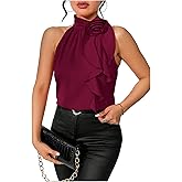 RoseSeek Women's Summer Halter Tops Floral Appliques Sleeveless Work Shirts Blouses for Women Dressy Casual