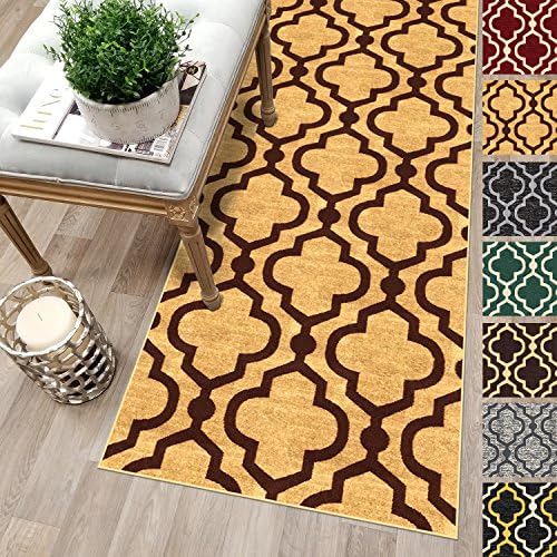 Custom Size 22-inch Wide x 10-feet Long Gold Moroccan Trellis Rubber Backed Non-Slip Hallway Stair Kitchen Runner Rug Carpet Choose Your Length 22in X 10ft