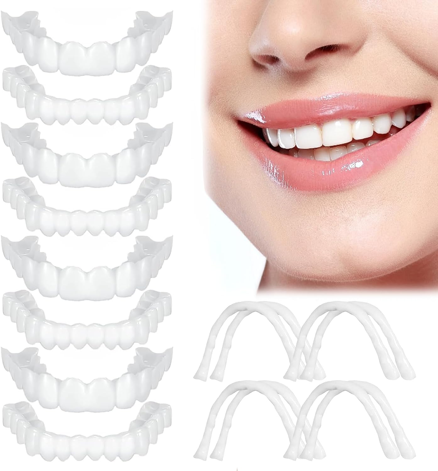 Photo 1 of FakeVeneers Teeth Natural White and 4 Clips 8 Pairs of Adjustable Smile Aids – for Both Men and Women, Full Set with Upper and Lower Pieces, Help You Regain a Confident Smile