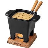 BOSKA Tapas Fondue Nero - Ceramic Fondue Set for 2 | Compact cheese fondue set with microwave-safe ceramic pot, 2 forks, dark wood base and tea light to keep warm