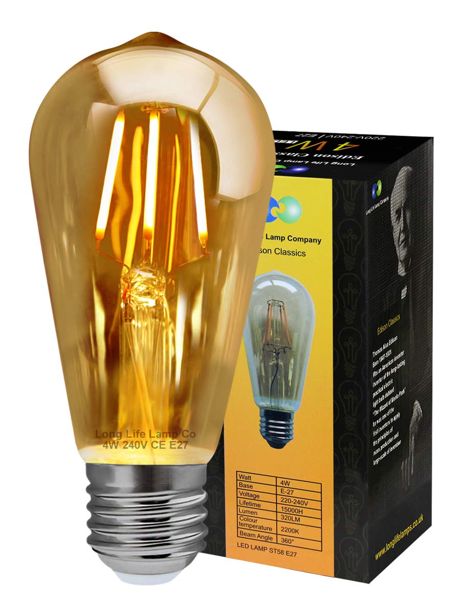 Long Life Lamp Company Retro Vintage LED 4w Squirrel Cage Edison Style Filament Bulb Smoked Gold Glass ST58 E27 Edison Screw