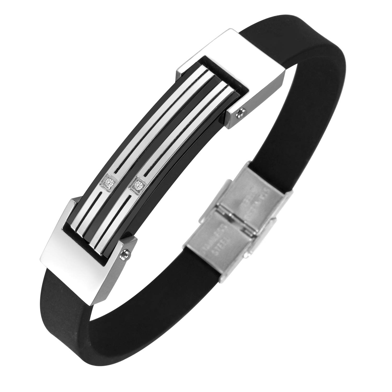 555Jewelry Stainless Steel Grooved CZ Plate & Black Soft Rubber Cuff Bracelet for Men, L, Metal, Cubic Zirconia