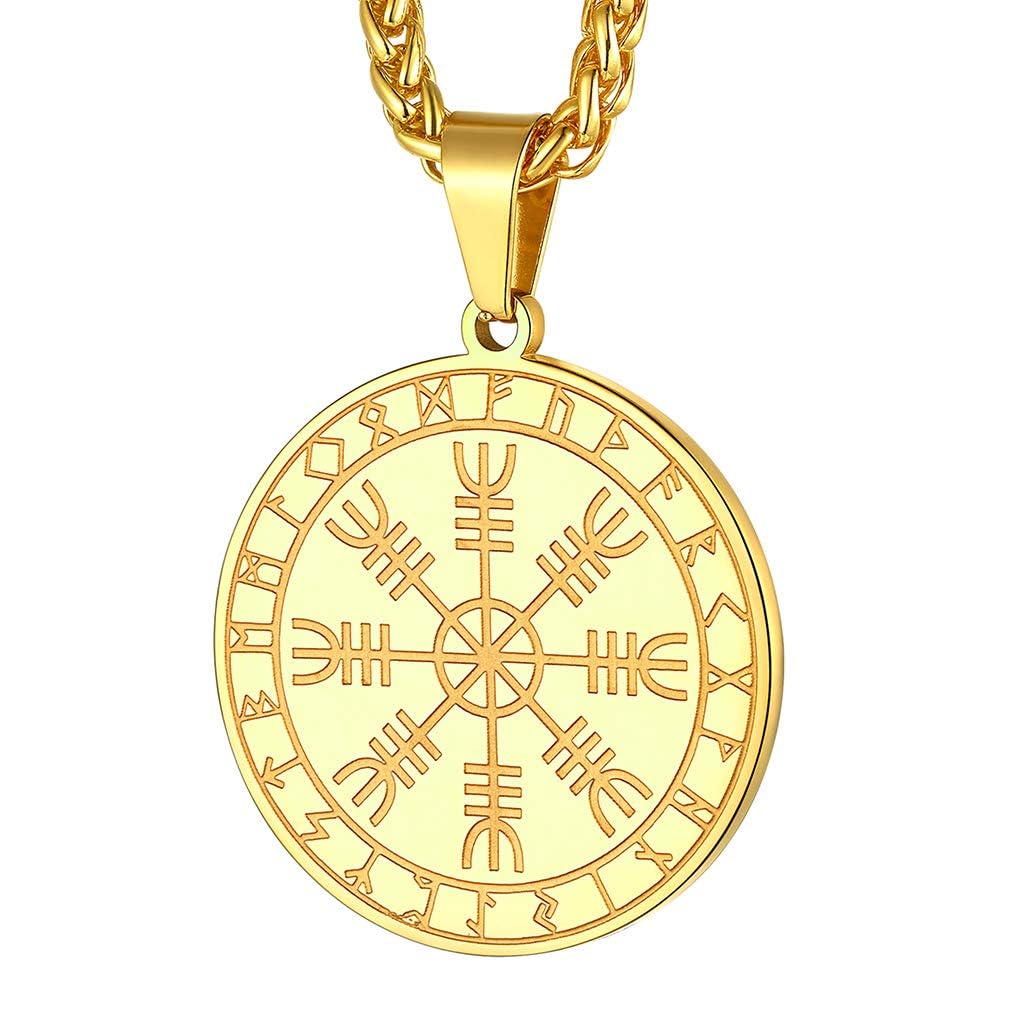 FaithHeart Viking Norse Jewellery Helm of Awe Necklace Retro Style Nordic Pendant Yellow Gold Plated Lucky Medal Protective Amulets Stainless Steel Coin Jewelry Religious Gifts for Anniversary — image 1
