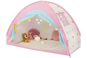 PIIKAGO Twin Bed Tent for Kids, Twin Size Bed Canopy with Star Lights, Privacy Space Blackout Sleeping Tents, Indoor Breathable Portable Bunk Bed Tent for Girls, Rainbow