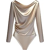 GORGLITTER Women's Draped Long Sleeve Bodysuits Satin Ruched Dressy Body Suit Tops Business Casual Leotards