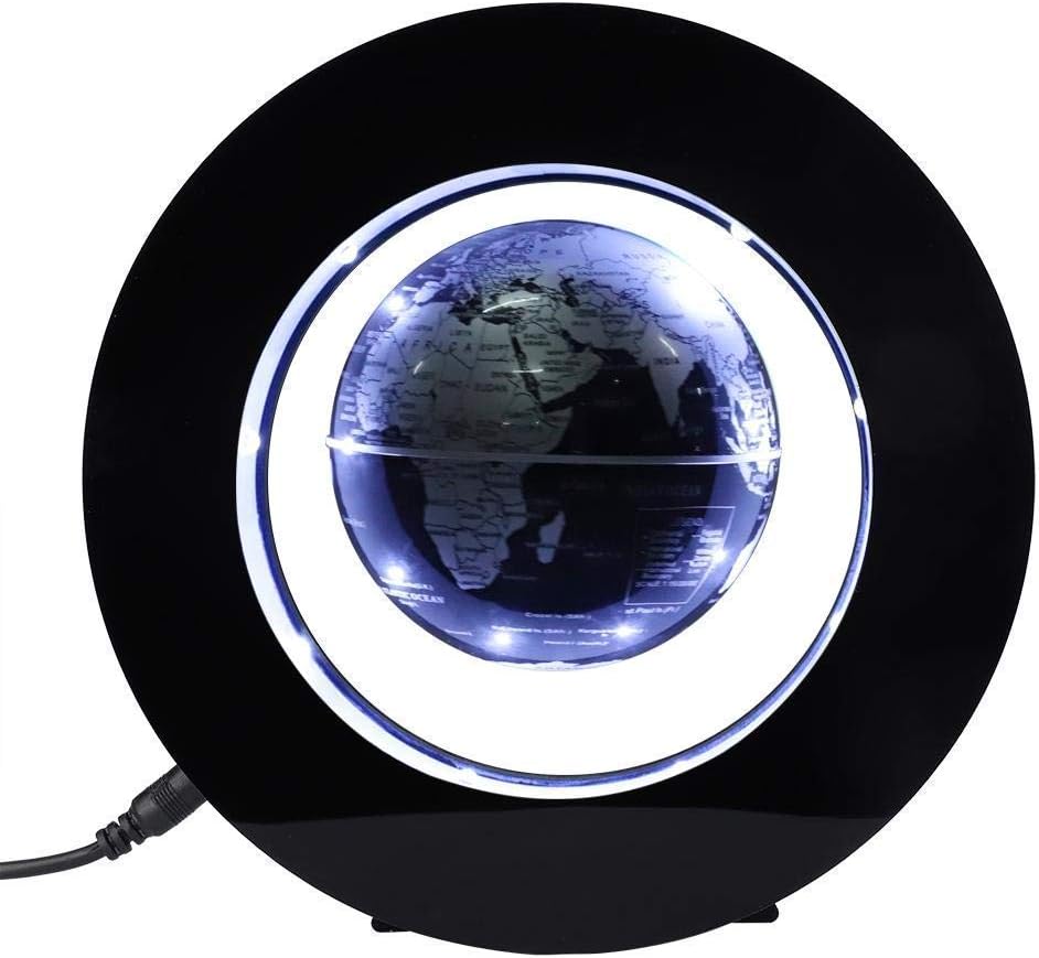 Lelestar Magnetic Levitating Globe, Novelty Floating Led Lamp with World Map Anti Gravity Rotating Globe Electronic Home and Office Decoration Educational Geography Tool (Silver Black, UK Plug)