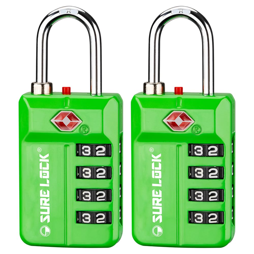 SURE LOCK TSA Approved Travel Luggage Locks, Open Alert Combination Lock for School Office & Gym Locker,Toolbox, Pelican Case,Easy Read Dials- 1, 2 & 4 Pack (1, Green 2 Pack)