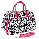 World Traveler Damask Travel Bag, Black and White with Pink Trim