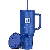 IRON °FLASK Co-Pilot Insulated Mug w/Straw & Flip Cap Lids - Cup Holder Bottle for Hot, Cold Drink - Leak-Proof- Water, Coffee Portable Travel Tumbler - Cobalt Blue Speckle, 40 Oz