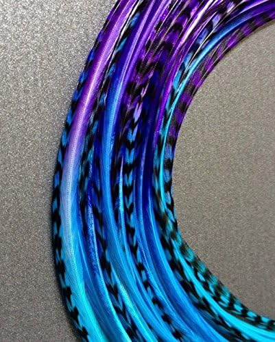20 Hair Feathers and Beads, 100% Real Rooster Feather Hair Extensions, Long Grizzly, Tuquoise, Blue, Purple, Tie Dye Ombre Blue.