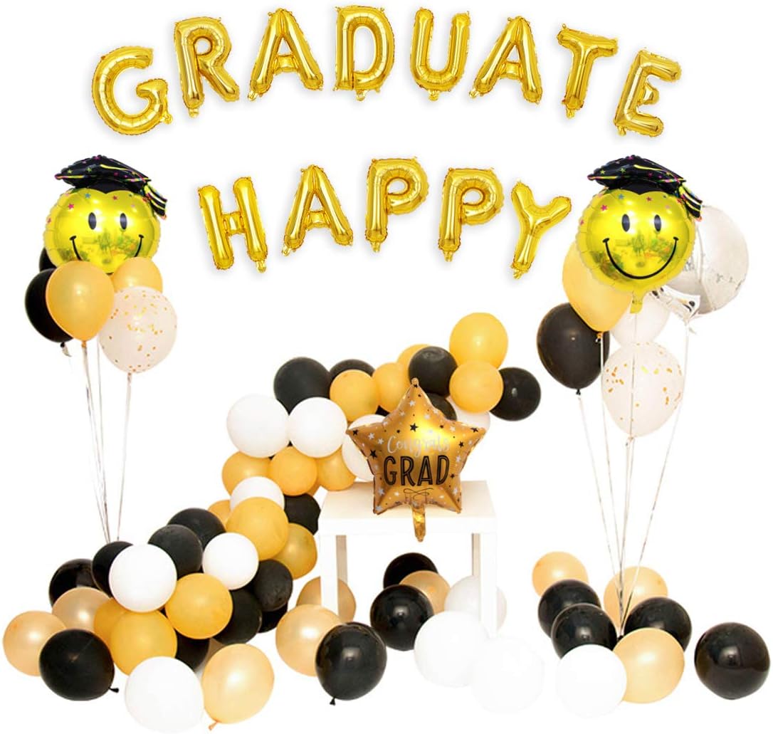 Graduate Party Decorations Set Happy Graduate Banner Garland Balloons Graduation Cap Foil Balloons Confetti Balloons Black Gold White Latex Ballons for 2020 Graduation Party Supplies