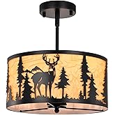 Sunnyin Rustic Semi Flush Mount Ceiling Light,Farmhouse Parchment Metal Dining Room Light Fixture with Deer Bear Design,3-Lig