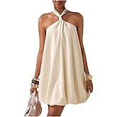 GORGLITTER Women's Bubble Dress Sexy Open Back Sleeveless Halter Neck Backless Ruffle Party Short Night Mini Dresses