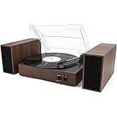 LP&No.1 Record Player with Stereo Bookshelf Speakers, Vintage 3-Speed Belt Drive Turntable, Wireless Input, RCA Output, Auto Stop Function | Walnut Wood
