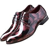 Men Fashion Shoes Dress Pointed Toe Floral Patent Leather Lace Up Oxford Black Brown Red Grey