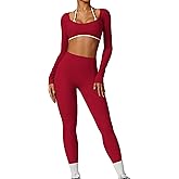 Workout Sets for Women 2 Piece Outfits Seamless High Waist Leggings Yoga Long Sleeve Crop Tops Athletic Gym Sets