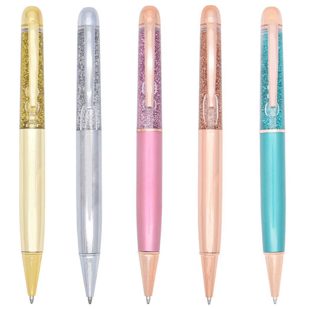 Gullor Colorful Gold Powder Quicksand Retractable Ballpoint Pen, Bling Dynamic Floating Liquid Sand Glitter Pen, 5 Pieces, Multicolor