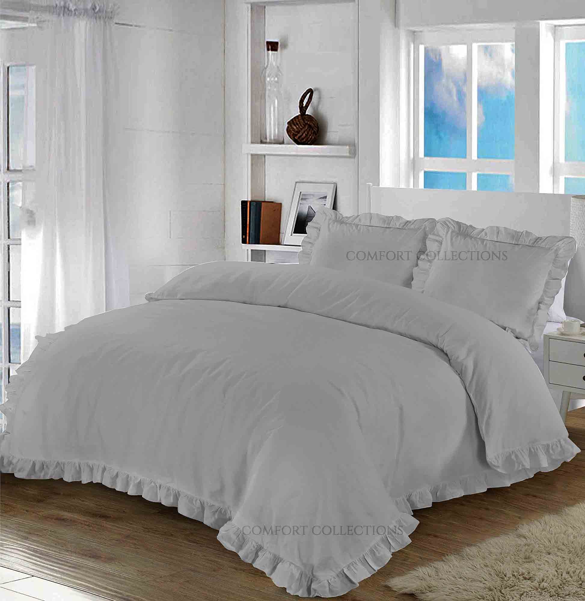 Comfort Collections Santiago Ruffle Frill Edge Design Plain Duvet Cover and Pillow Cases Bedding Set Silver King 230cm x 220cm Approximate