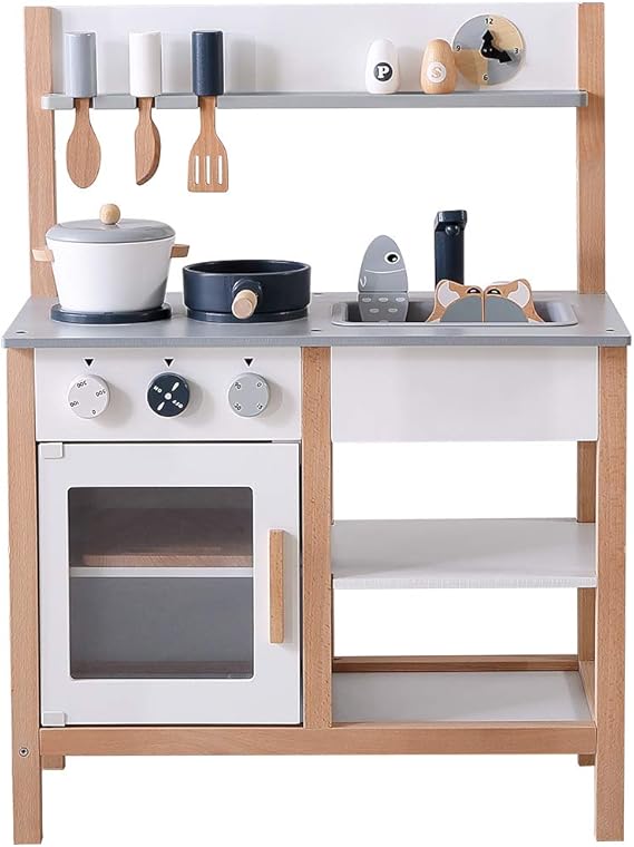 Top Cloud おままごとキッチン セット 木製 北欧 調理器具 食器付き 可愛い 収納 子供 ギフト プレゼント ダークグレー セット おもちゃ Amazon