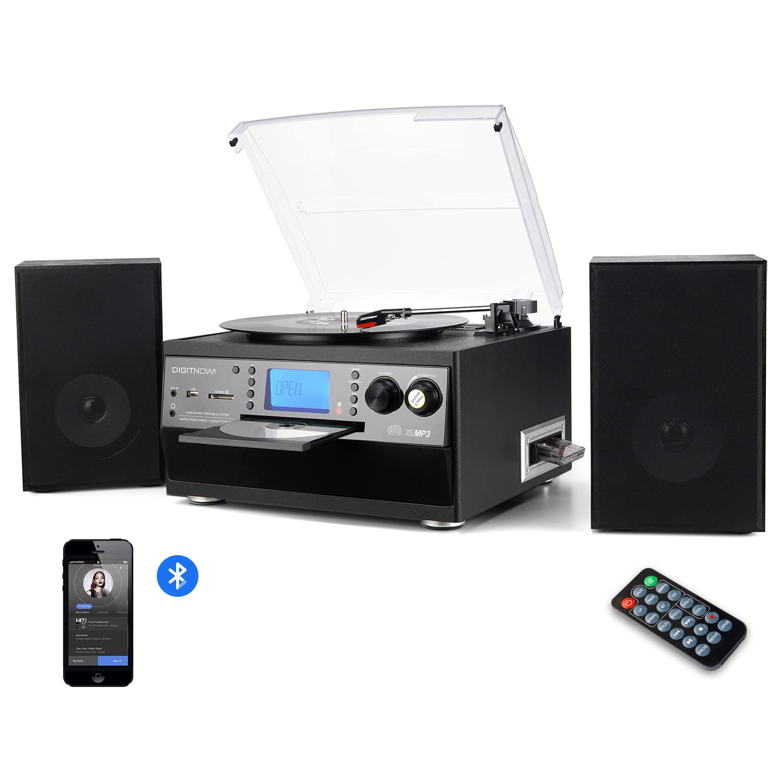 DIGITNOW! Bluetooth Viny Record Player, Turntable for CD, Cassette, AM/FM Radio and Aux in, USB port and SD Encoding, Remote Control, with Standalone Stereo Speakers