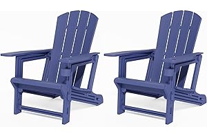 SEVOBAL Adirondack Chair Set of 2, HDPE All-Weather Fire Pit Chairs, Wooden Textured Plastic Adirondack Chairs with Cup Holders, Outdoor Lawn Chairs for Deck,Patio,Backyard, Navy Blue