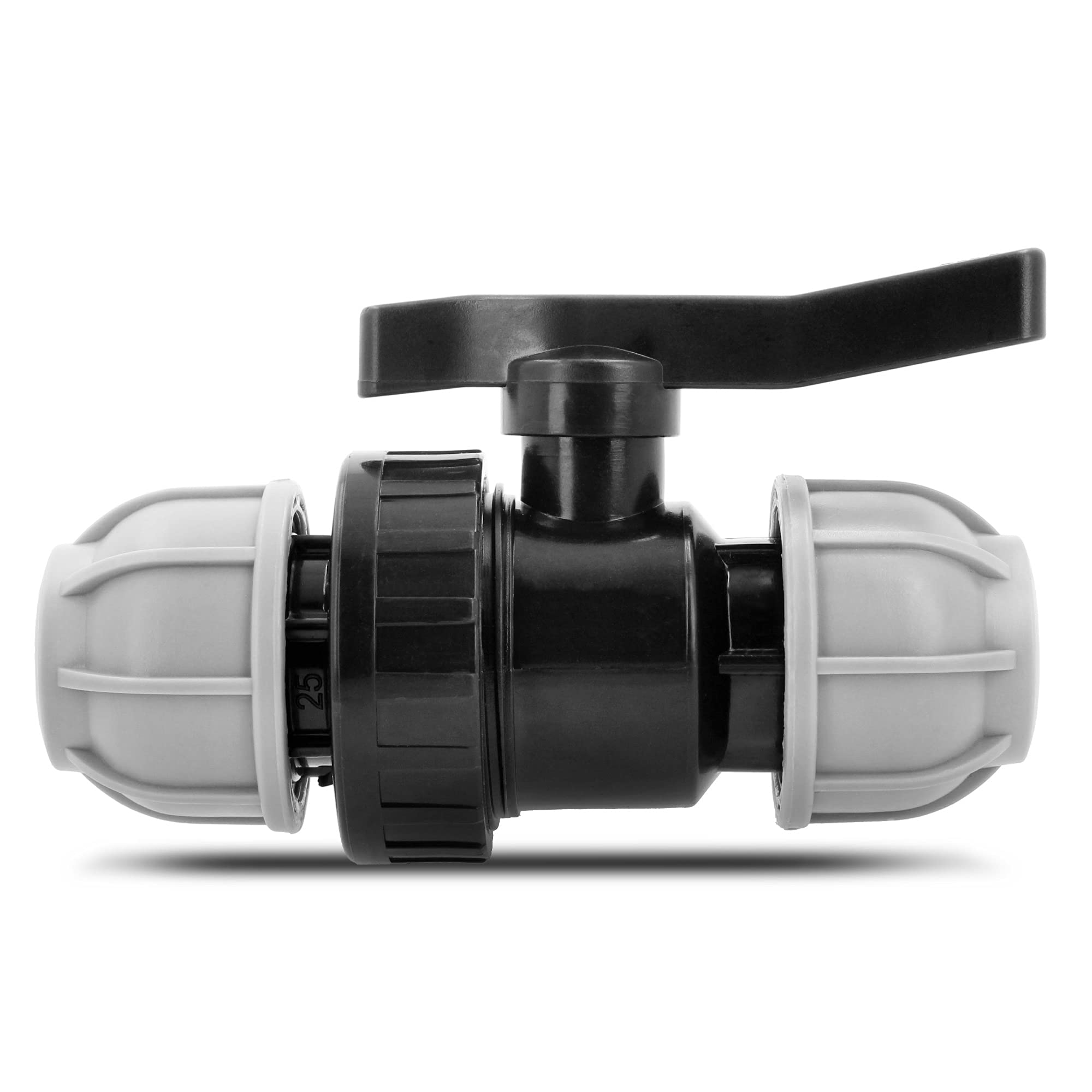 Instalguru PE-Fitting Ball Valve 2-Way 20mm x 20mm Clamp Valve PN 10 Bar Black/Grey Polypropylene (PP) Ball Valve Shut-Off Valve with Double-Sided Compression Fitting for PE Pipe Garden Irrigation