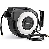 HOZEREEL Enclosed Retractable Air Hose Reel, 3/8 Inch x 50+5 Ft Hybrid Hose Air Compressor Hose Reel in Max 300 PSI Design, 180°Swivel Bracket Quick Coupler