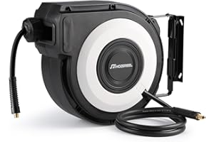 HOZEREEL Enclosed Retractable Air Hose Reel, 3/8 Inch x 50+5 Ft Hybrid Hose Air Compressor Hose Reel in Max 300 PSI Design, 180°Swivel Bracket Quick Coupler