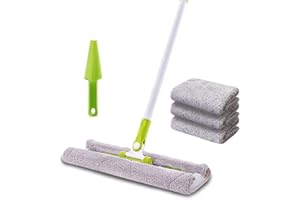 CQT Commercial Flat Microfiber Floor Mop Cleaning System 16" Inch Wet Dry and Dust Hardwood with 4 Washable Pads Cleaner for Laminate Tile Stainless Steel Handle and Extension (PT09 Green)