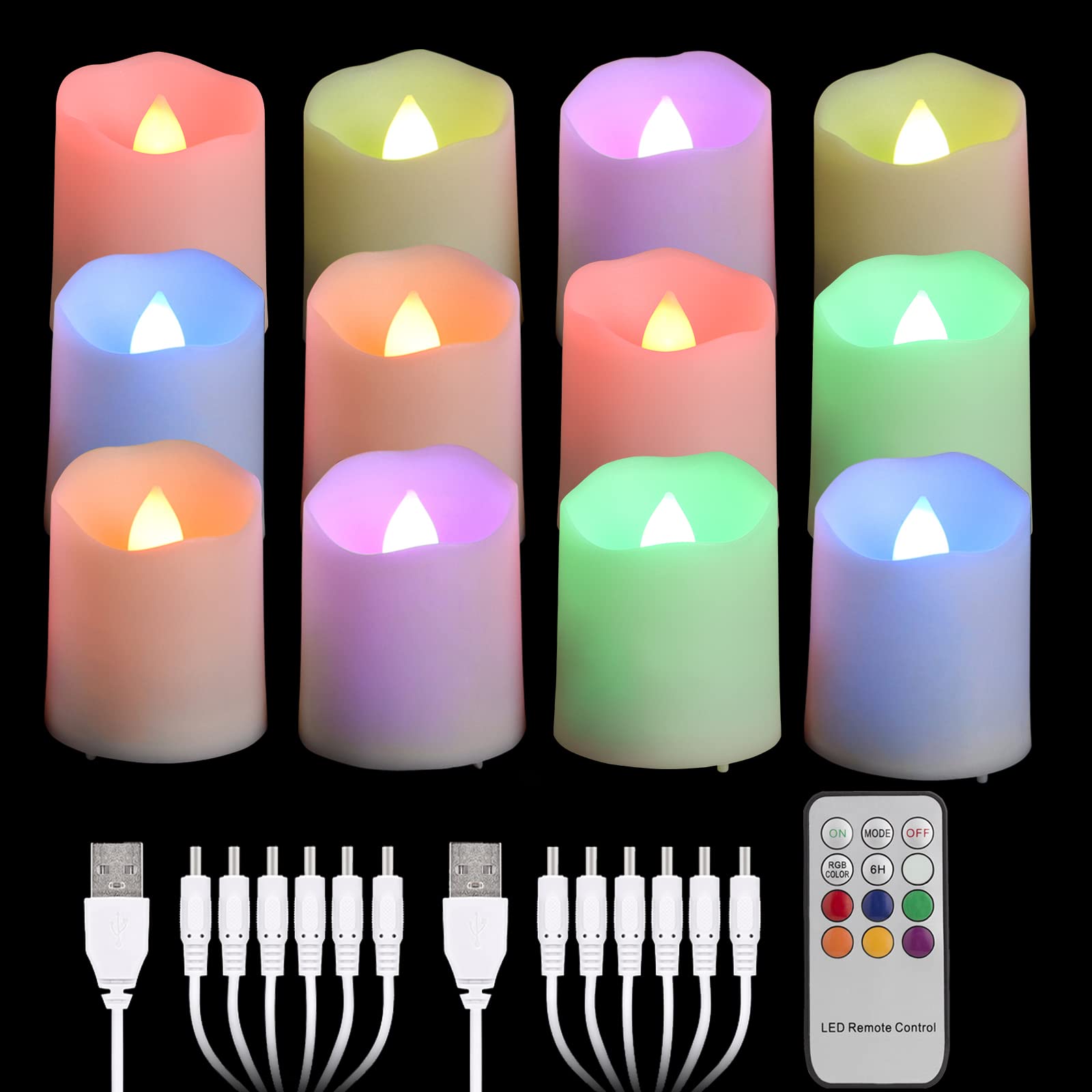 FREEPOWER 12pcs Rechargeable LED Tea Lights Colour Changing with Remote Timer Flickering Dimmable Electric RGB Flameless Candles with USB Cables, Christmas Halloween Home Party Decoration