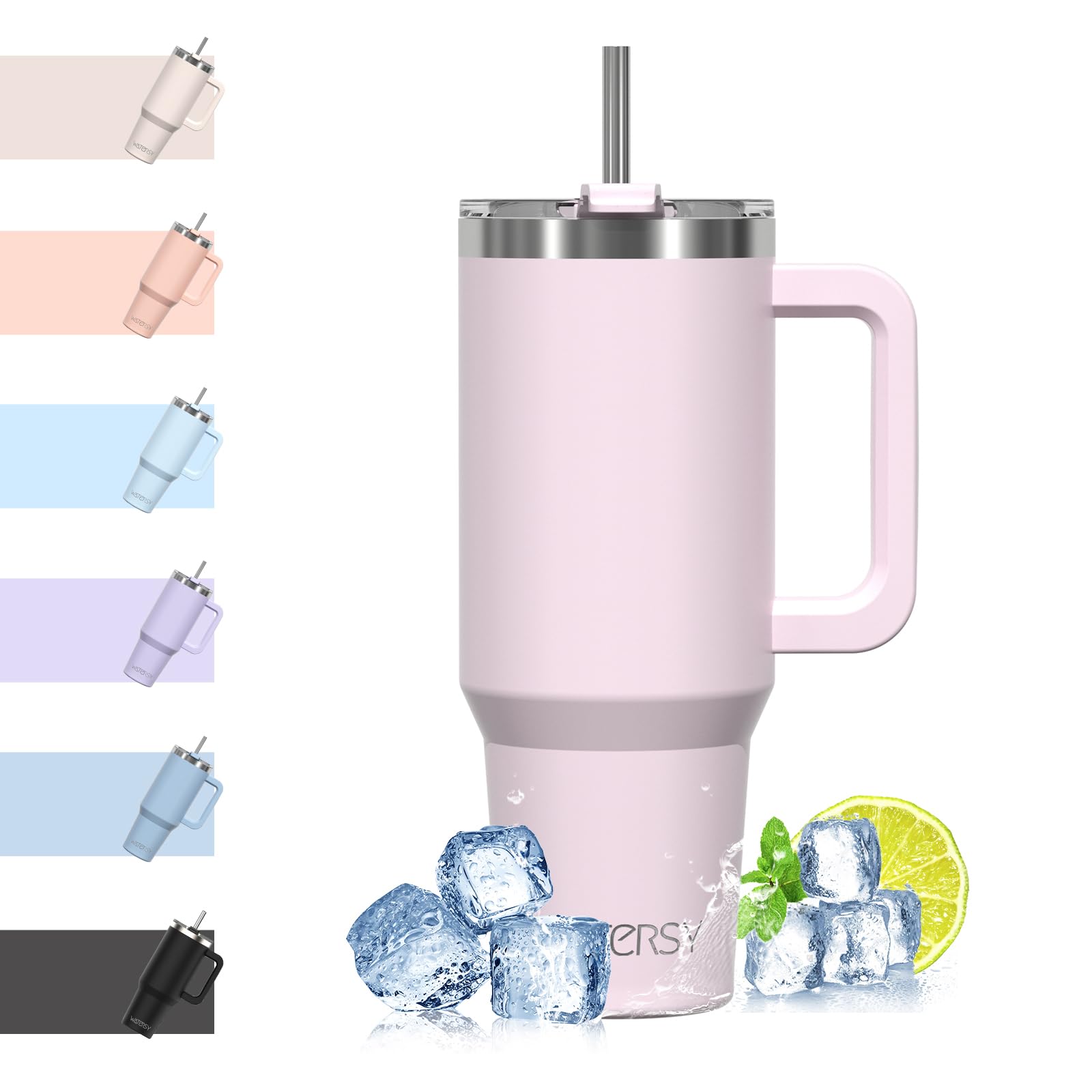 WATERSY Travel Mug Coffee Cup 40oz Tumbler Straw Lid and Handle, Stainless Steel Double Wall Vacuum Insulated Coffee Water Bottle Thermal for Cold Hot Coffee 1182ml Rose Quartz